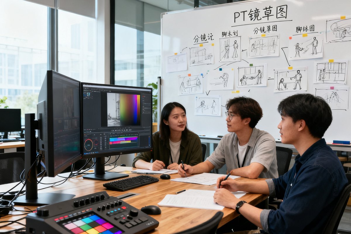 PT视讯创意团队在开放式会议室内进行脚本策划讨论，白板上贴满分镜草图，桌上摆放着专业级监视器和色彩校准设备，团队成员专注地围坐在长桌旁交流创意方案