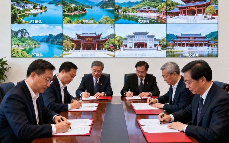 文旅合作签约仪式现场，PT视讯代表与多地文旅局领导在长桌前签署战略合作协议，背景展示着各地文旅项目的精美视讯截图