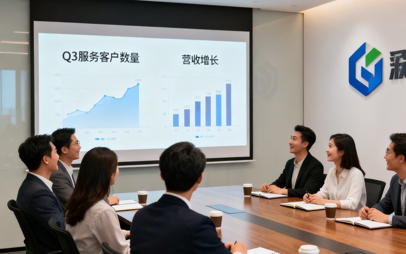 第三季度业务复盘会议场景，公司管理层围坐在会议室中，投影屏幕上展示着Q3服务客户数量和营收增长的数据图表，气氛积极热烈