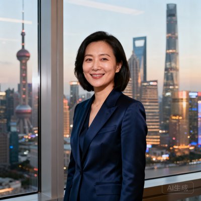 瑞丰控股CEO林女士的职业肖像照，她身着深蓝色西装，面带微笑站在落地窗前，背景是现代化的上海CBD天际线