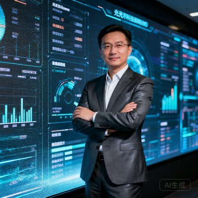 极光科技CMO张先生的企业形象照，他身穿深灰色高定西装，站在充满科技感的LED数据大屏前，双手交叉姿态自信从容